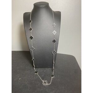 Silver Four-Leaf Clover Chain Necklace With Black Accents